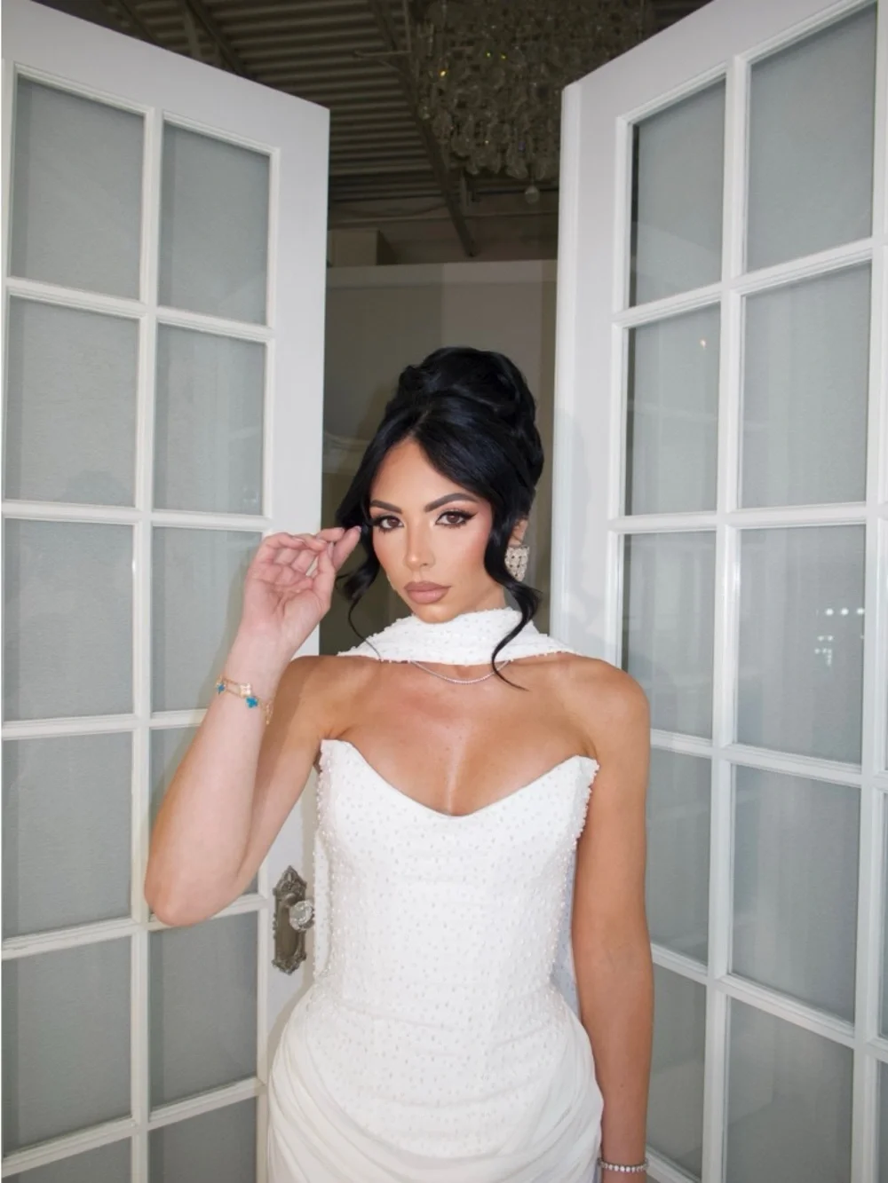 Strapless White Maxi Dress with Draped Front and Choker - Picture 3 of 4